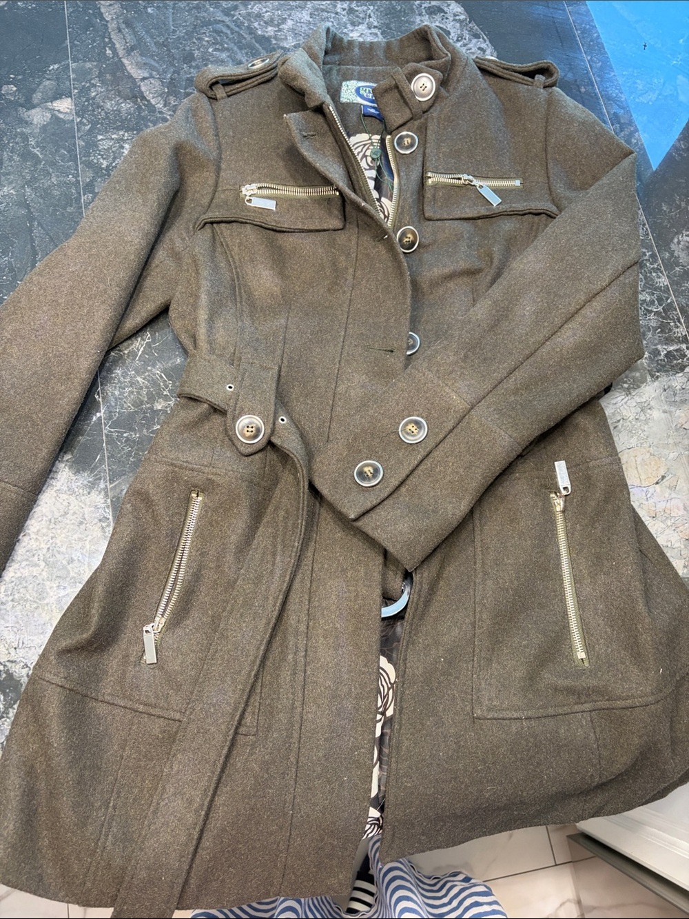 Laundry By Shelli Segal Olive Green Military-Style Trench Coat wool 60 o/o